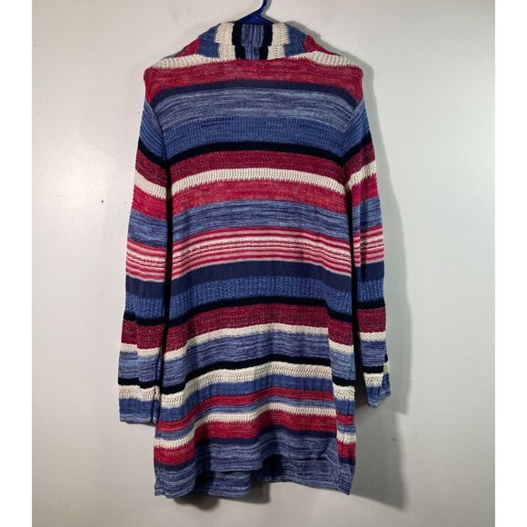 J Jill Striped Linen Blend Cardigan L V Neck Collar Red White Blue - Picture 2 of 11